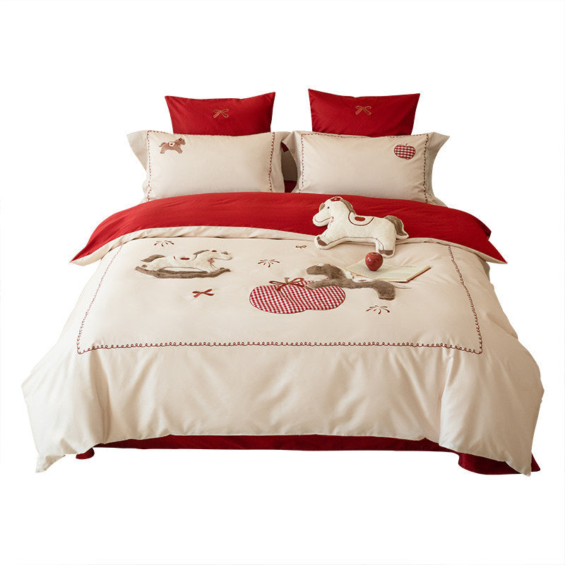 Embroidered Appliqué Horse & Gingham Apple Cotton-Sateen Duvet Cover Set