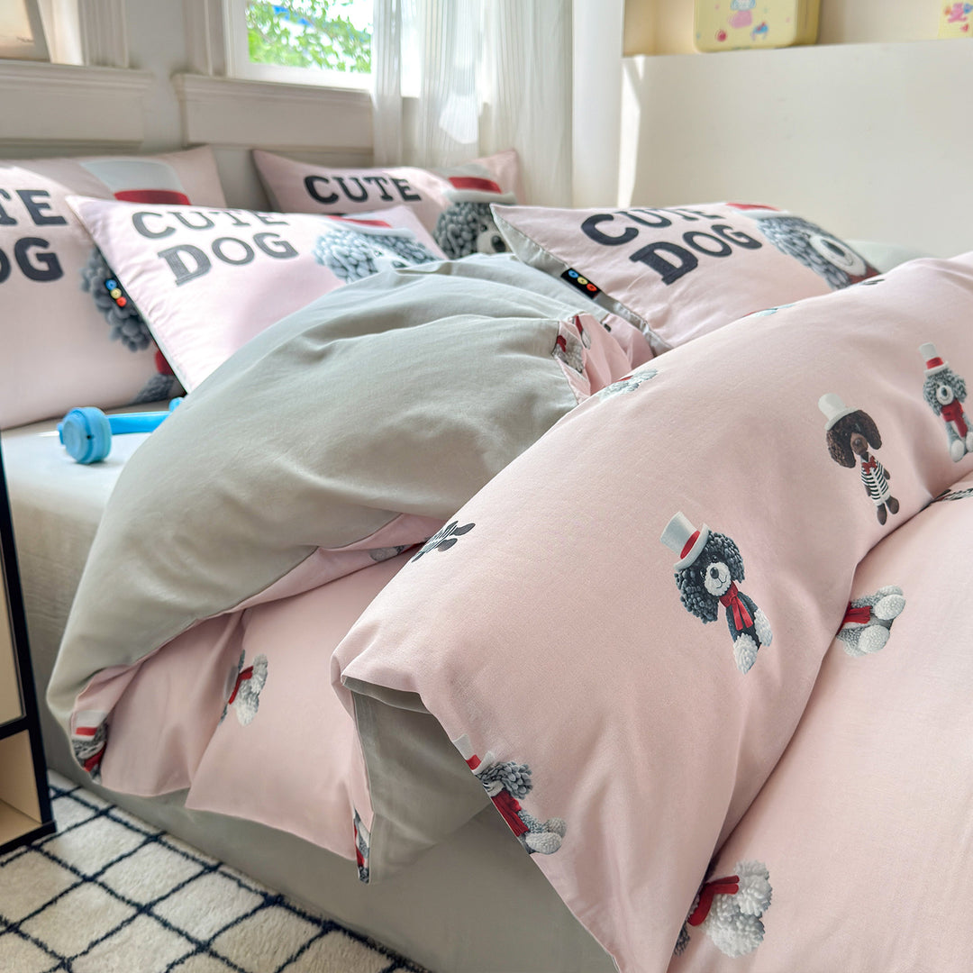 Cotton Printed Duvet Cover Set with Cute Dog Illustration