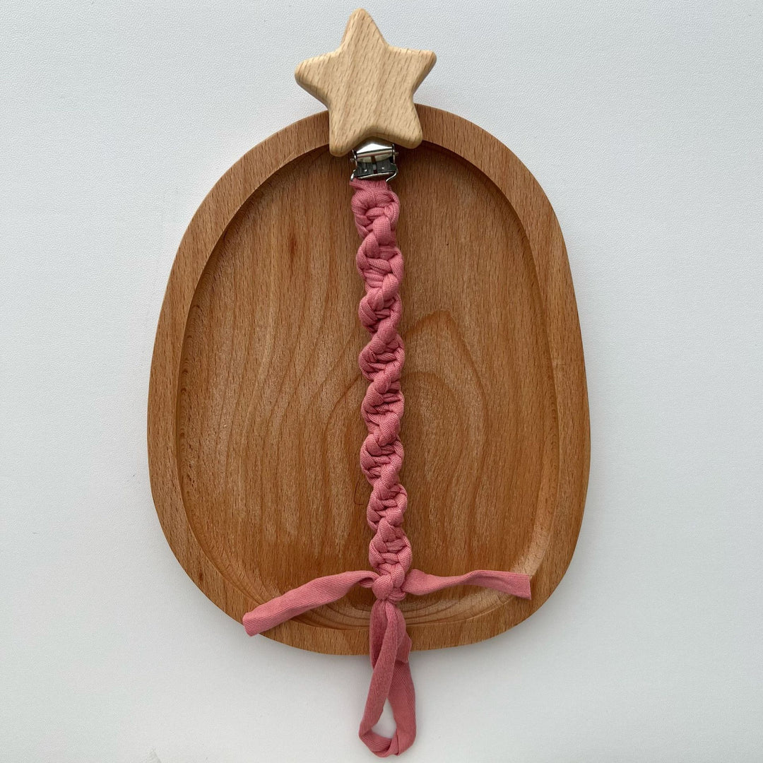 Wooden Star Pacifier Clip with Braided Cotton Strap