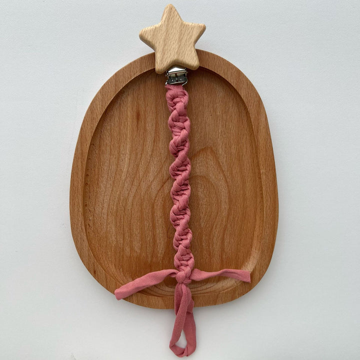 Wooden Star Pacifier Clip with Braided Cotton Strap