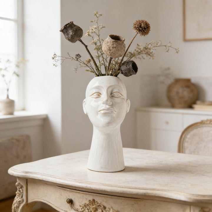 Hand-glazed contemporary sculptural head plant vase with narrow neck