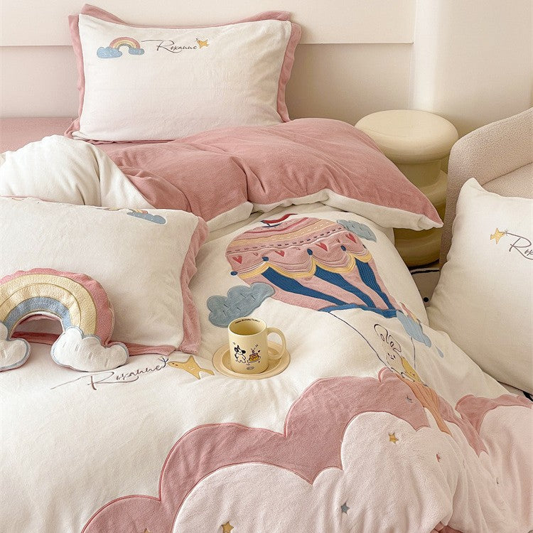 Cozy reversible bedding set with moon and bunny appliqué