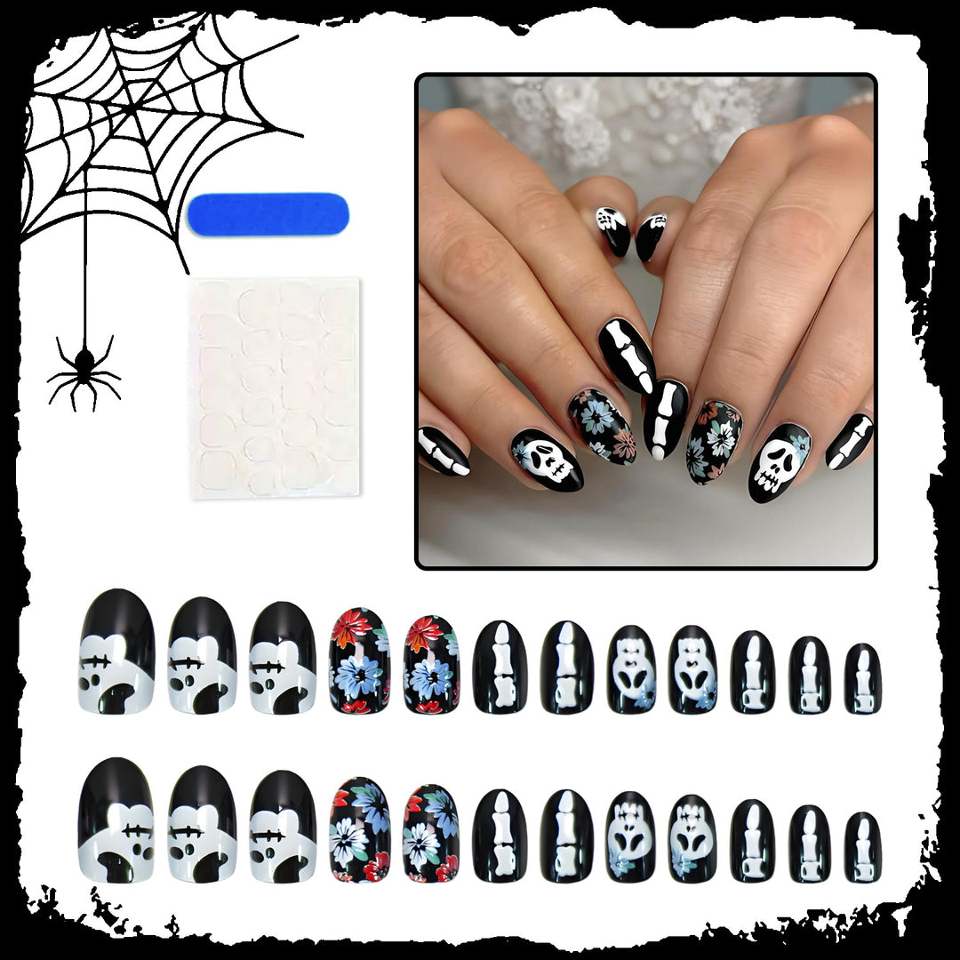 Artificial nail set with spooky Halloween motifs and floral decorations Stornfield