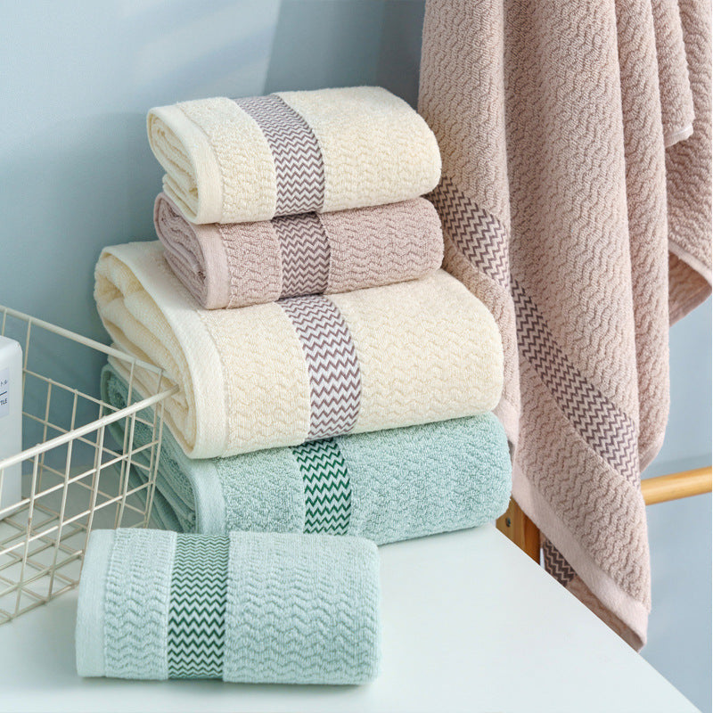 High-quality terry towel with dense pile and decorative zigzag border