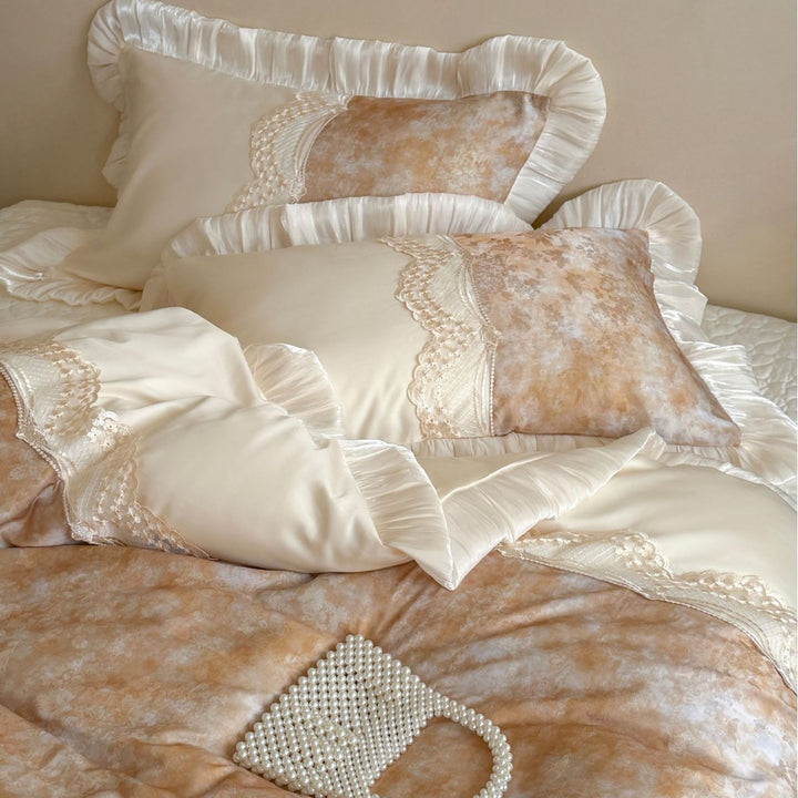 Luxurious bedding set with ruffles and lace trim