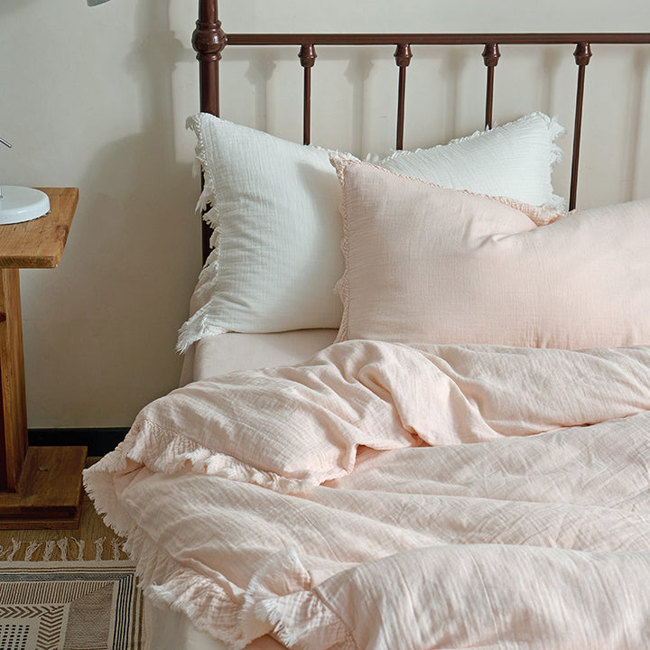 Cotton Gauze Fringed Duvet Cover Set with Washed Linen Texture