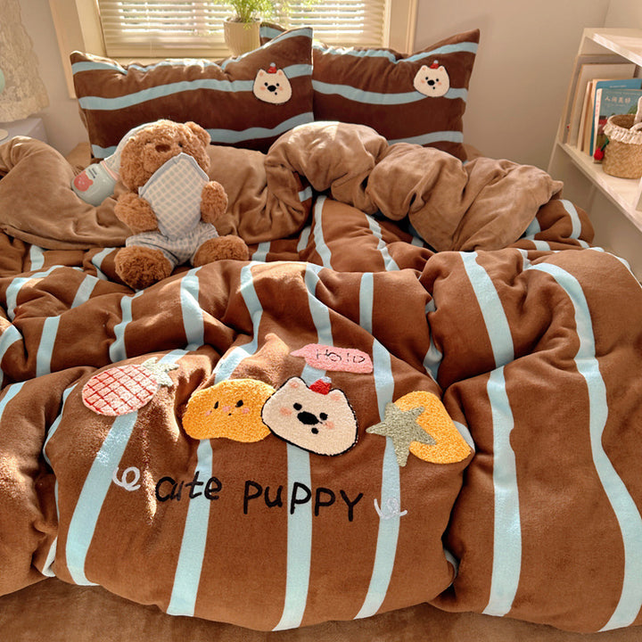 Plush Embroidered Cat Stripe Comforter Bedding Set