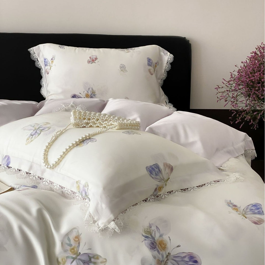 Floral Lace-Trim Satin Sateen Duvet Cover Set with Pillow Shams