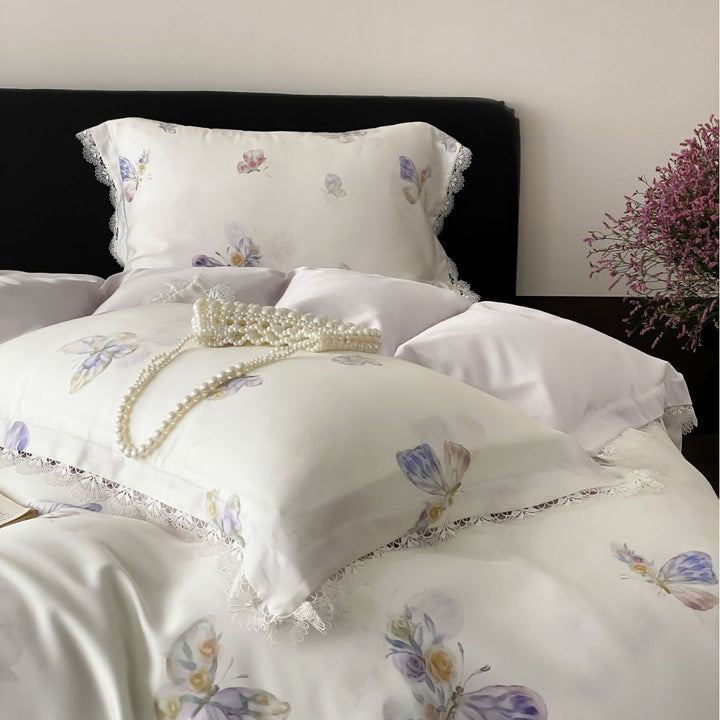 Floral Lace-Trim Satin Sateen Duvet Cover Set with Pillow Shams