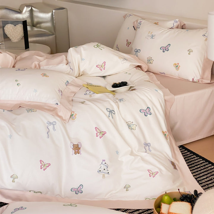 Playful Pastel Printed Cotton Sateen Duvet Cover Set with Satin Border and Pillow Shams