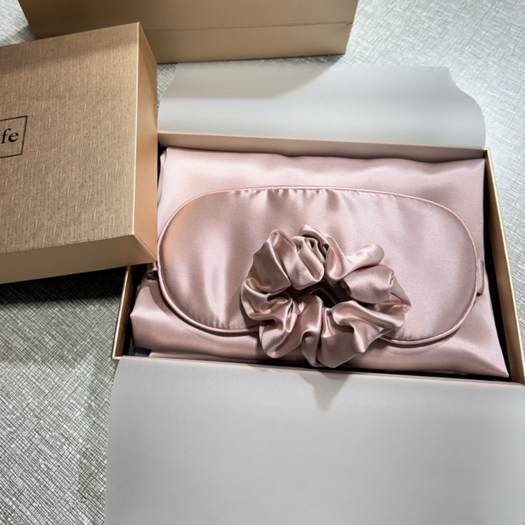 luxurious silk satin sleep mask and hair tie set for sensitive skin