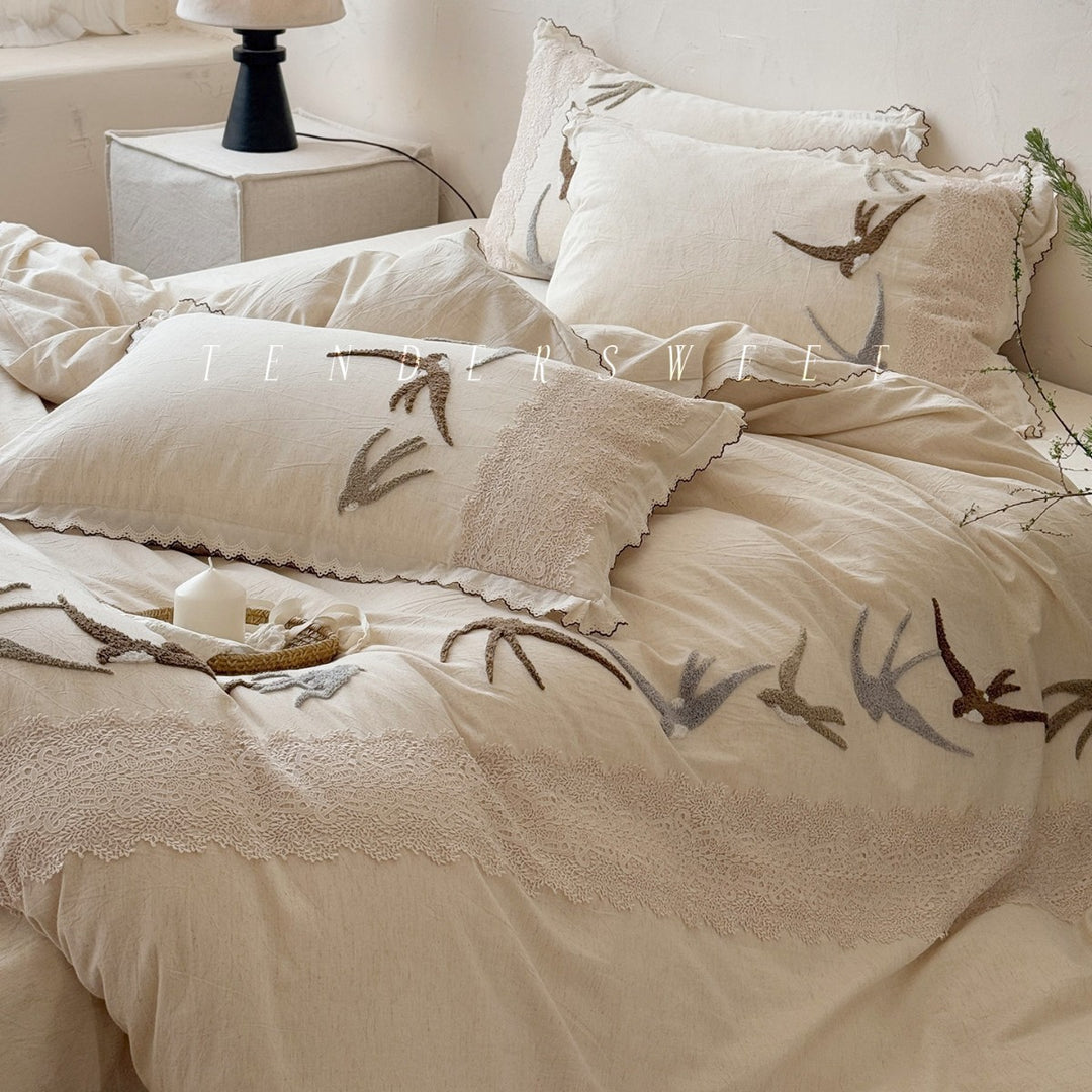 Embroidered Bird Linen-Blend Duvet Cover Set with Scalloped Lace Trim