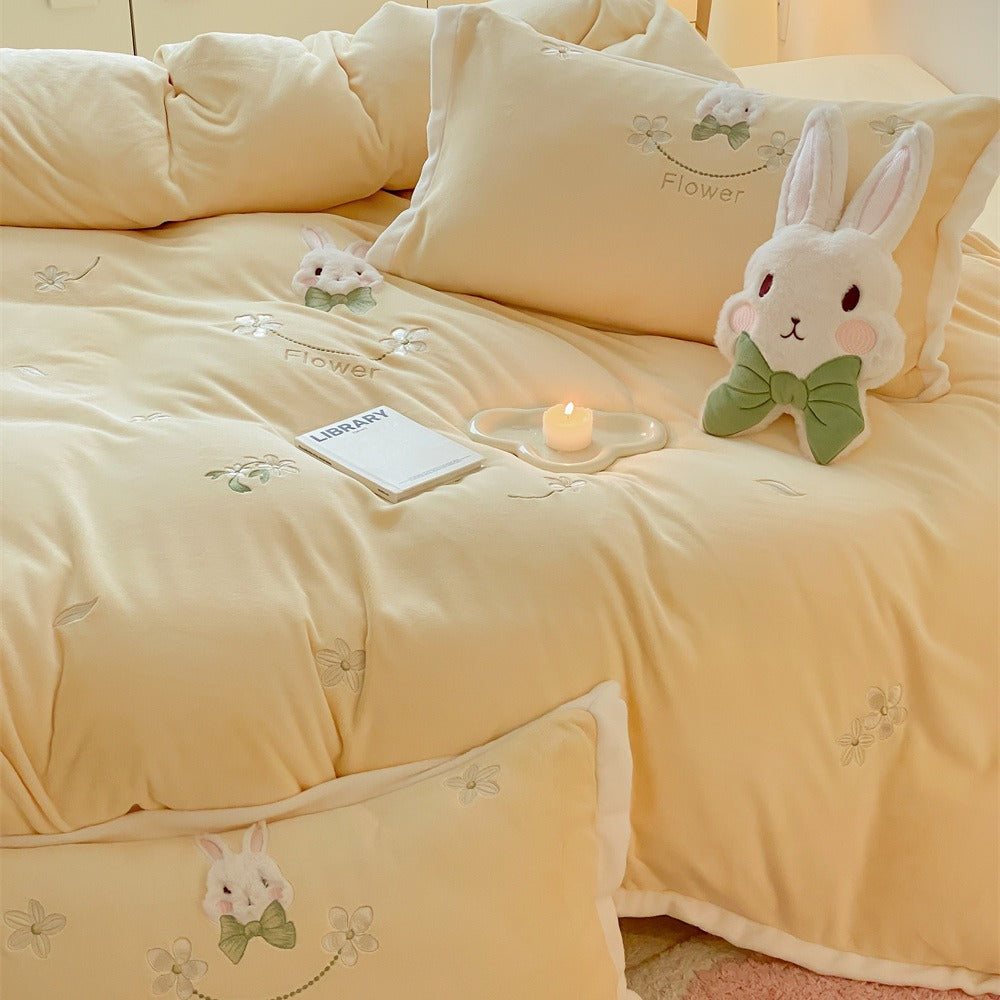 Embroidered Floral Bunny Duvet Cover & Pillowcase Bedding Set