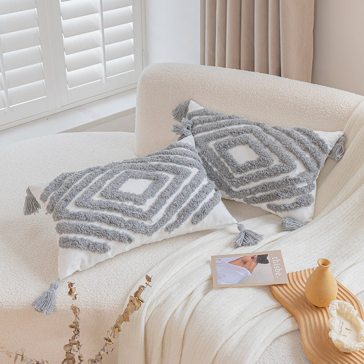 Textured Tassel Chevron Throw Pillow Cover with Tufted Chenille Stripes