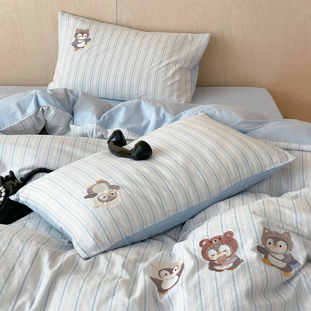Striped Cotton Duvet Cover Set with Appliqué Cartoon Animal Embroidery