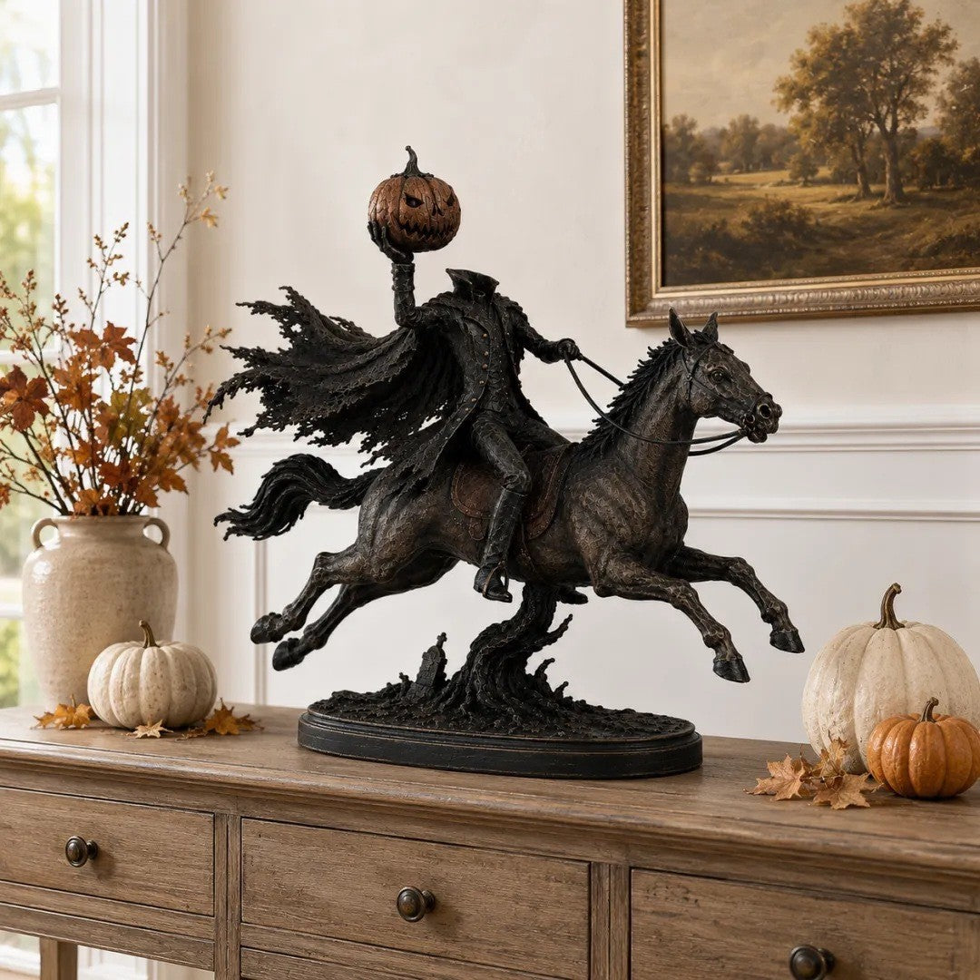 Decorative Halloween figure on horse with pumpkin Stornfield