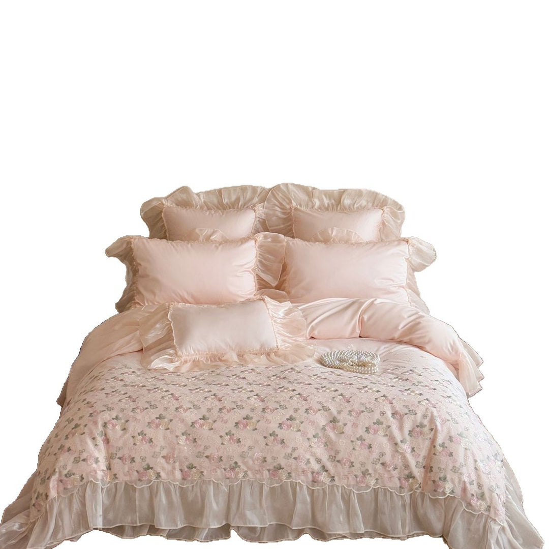 Floral Embroidered Ruffled Satin-Trim Duvet Cover Set