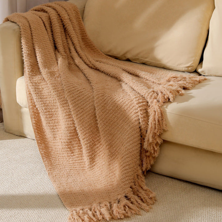 Women's knitted blanket with softest fleece and decorative fringes Stornfield