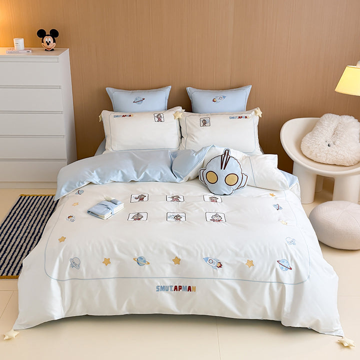 Children's Space-Theme Cotton Sateen Duvet Cover Bedding Set with Rocket & Character Pillow