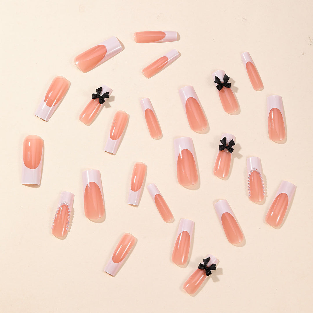 Elegant Press-On Nail Art Set with Pearl and Bow Accents Stornfield