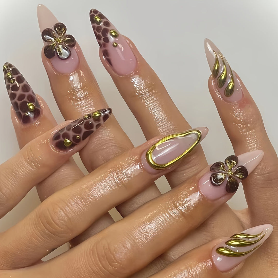 Artistic Press-On Nail Set with 3D Floral Accents Stornfield
