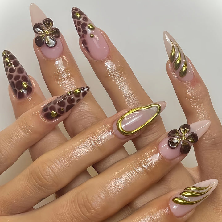 Artistic Press-On Nail Set with 3D Floral Accents Stornfield