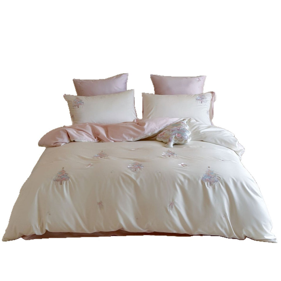 Embroidered Satin Duvet Cover Set with Reversible Sateen and Ribbon-Tie Pillow Shams