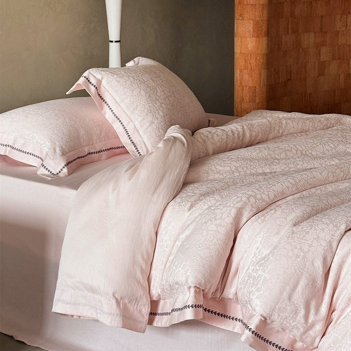 Jacquard Cotton Sateen Duvet Cover Set with Embroidered Leaf Border and Oxford Shams