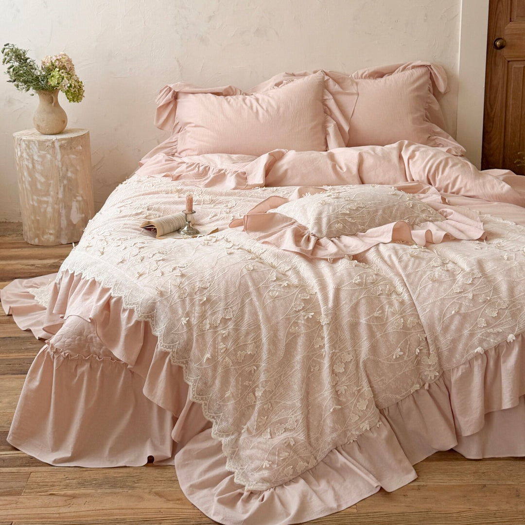 Romantic Ruffled Embroidered Cotton Duvet Cover Set with Lace Overlay & Bed Skirt