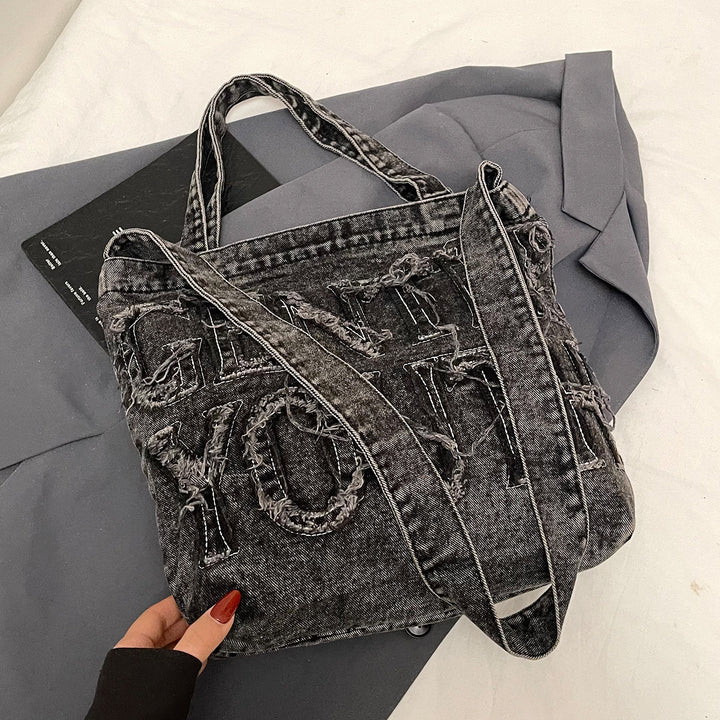 Distressed Denim Graphic Tote Bag