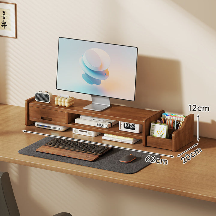 Solid Wood Monitor Riser and Desk Organizer with Dual-Level Shelf and Cable Management