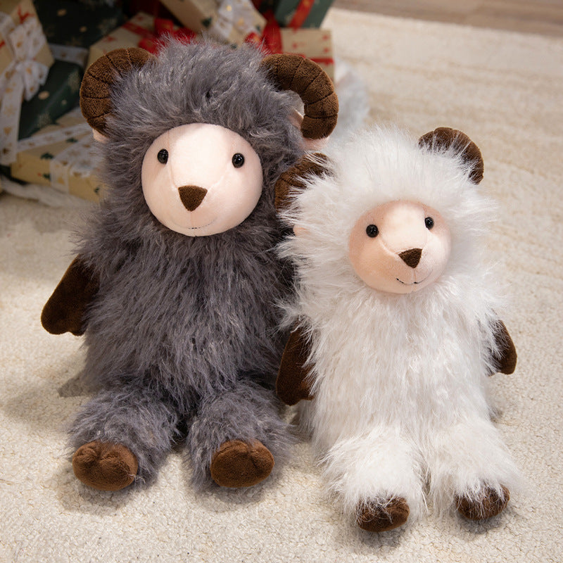 Plush Fluffy Ram-Inspired Teddy with Long Faux-Fur Coat and Embroidered Face Stornfield