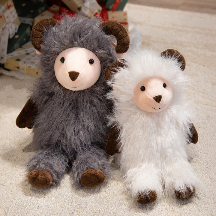 Plush Fluffy Ram-Inspired Teddy with Long Faux-Fur Coat and Embroidered Face Stornfield