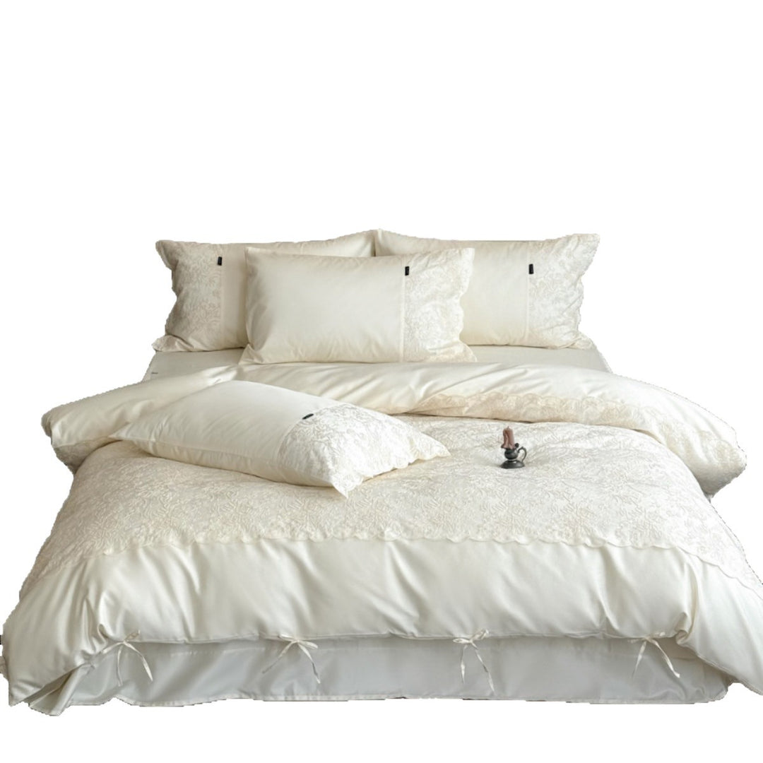 Bed linen set in linen-satin mix with floral relief jacquard and ties