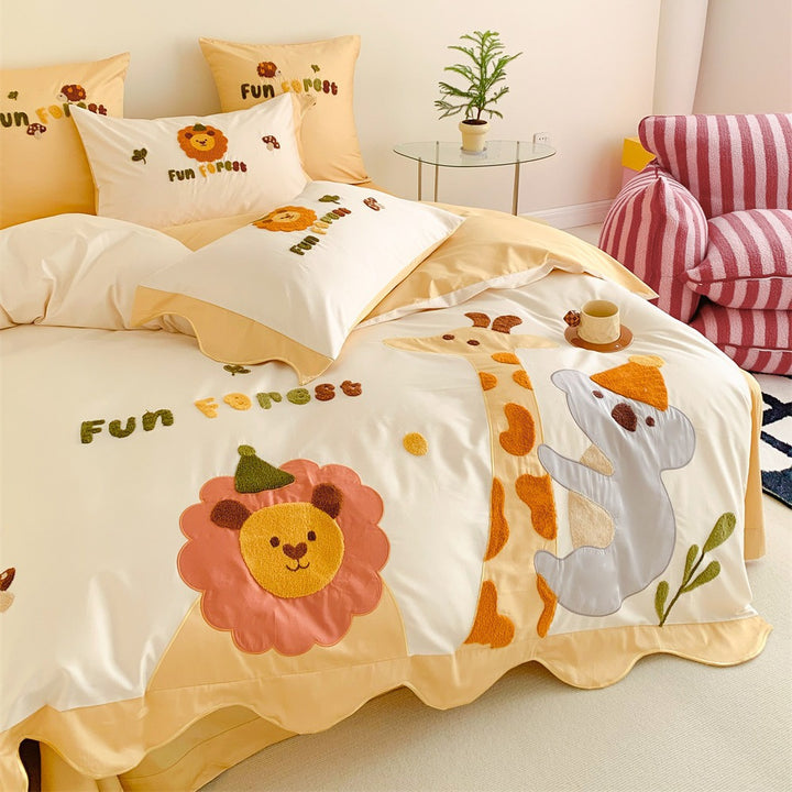 Children's Embroidered Cotton Duvet Cover Set with Animal Appliqué Pillowcases