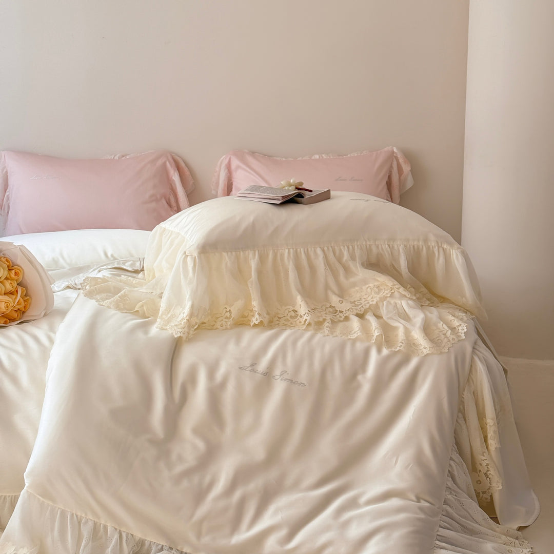 Luxury Satin Ruffled Pillowcase Set with Lace Trim