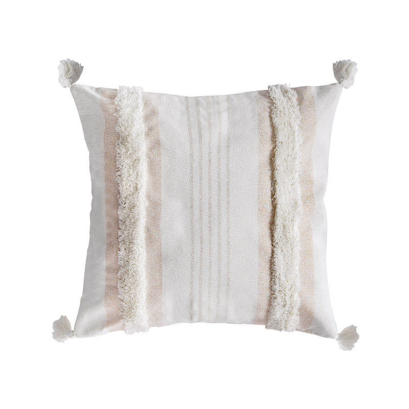 Square cotton pillow cover with fringe tassels and textured chenille stripes Stornfield
