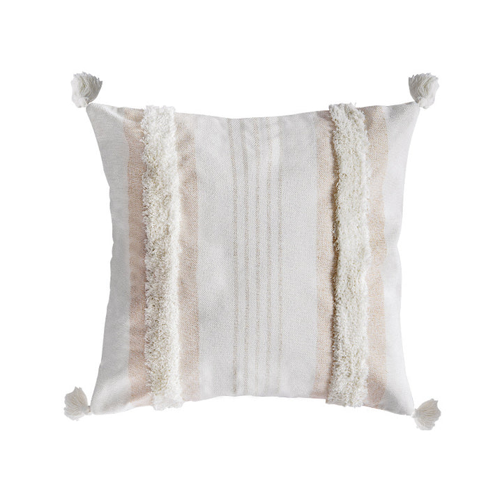 Square cotton pillow cover with fringe tassels and textured chenille stripes Stornfield