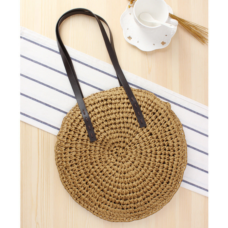 Round Bast Tote Bag with Leather-Embellished Handles Stornfield