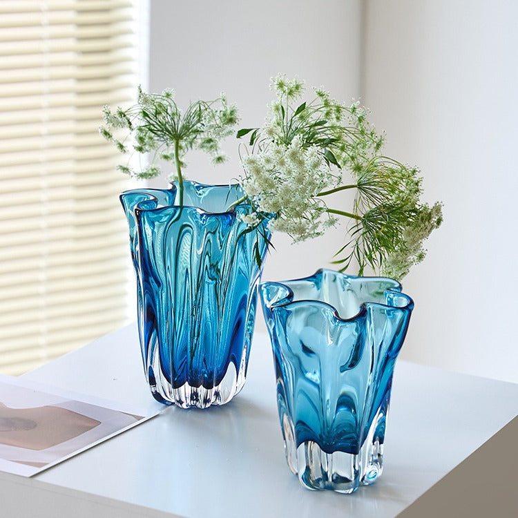 Handblown Ribbed Petal-Rim Decorative Glass Centerpiece Vase Stornfield
