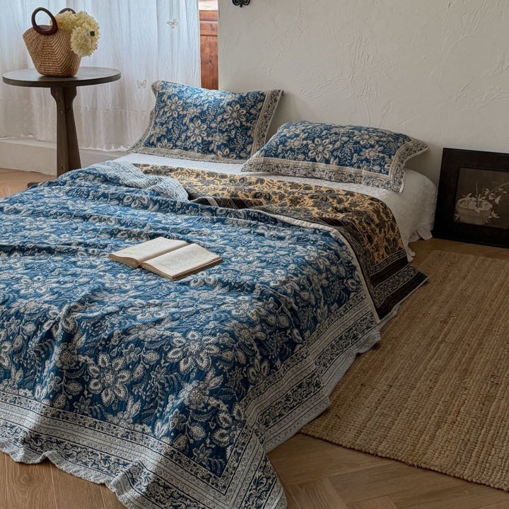 Handcrafted Floral Kantha-Style Cotton Quilt Bedspread with Matching Pillow Shams