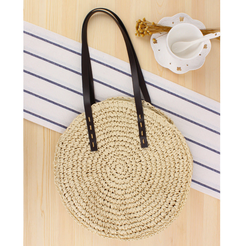 Round Bast Tote Bag with Leather-Embellished Handles Stornfield