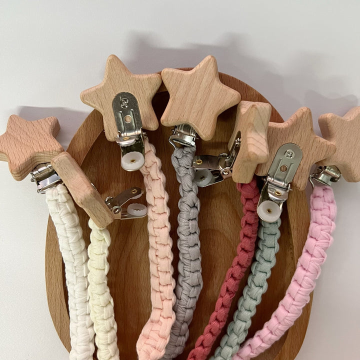 Braided Cotton Pacifier Clip with Wooden Star Safety Clamp
