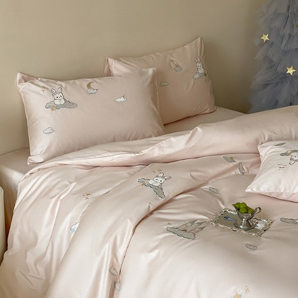 Premium Embroidered Cotton Duvet Cover Set with Plush Bunny Motif