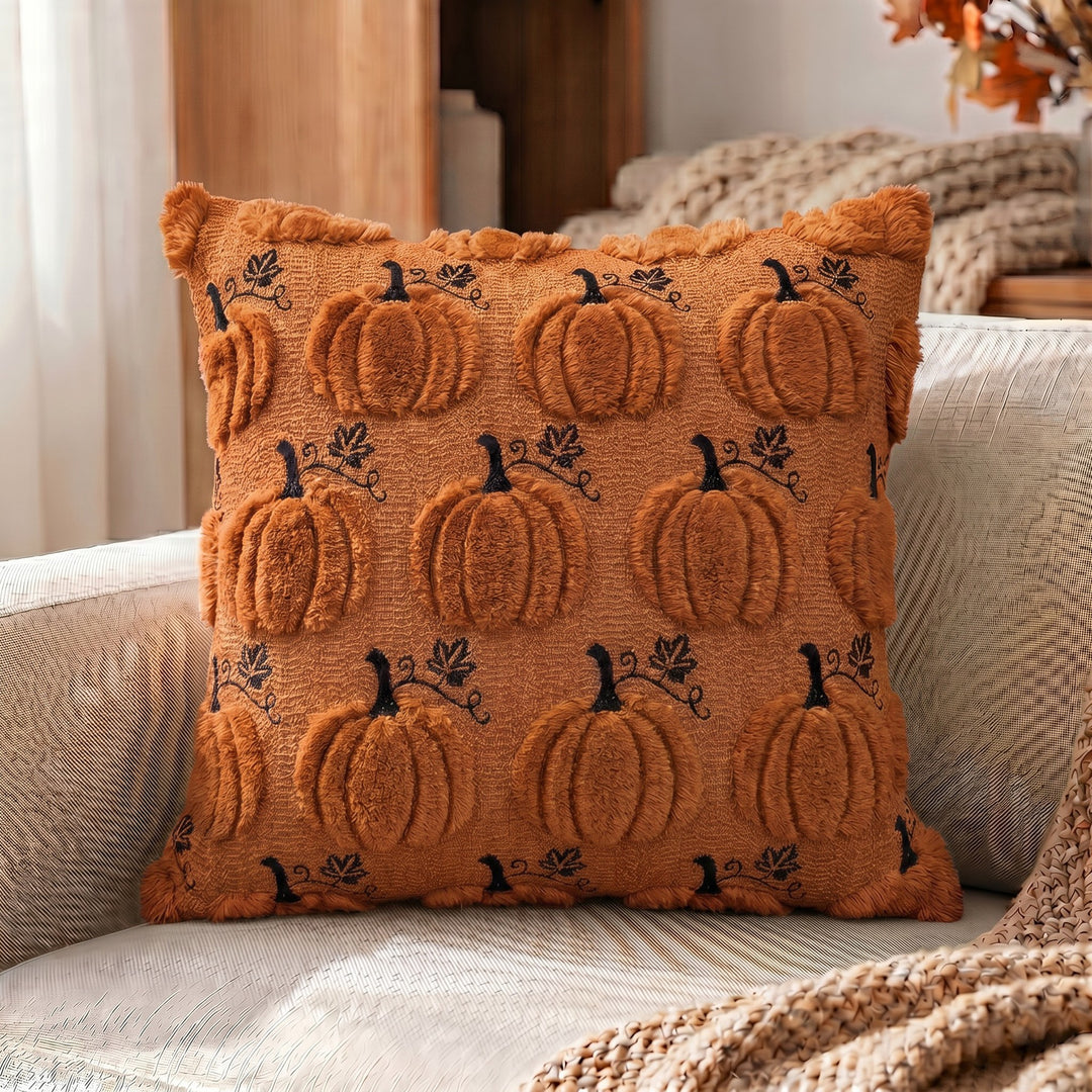 Autumn Plush Decorative Throw Pillow with Dimensional Pumpkin Applique