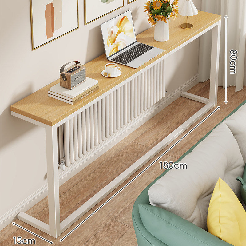 Slim Narrow Console Table with White Metal Frame and Wood-Grain Top
