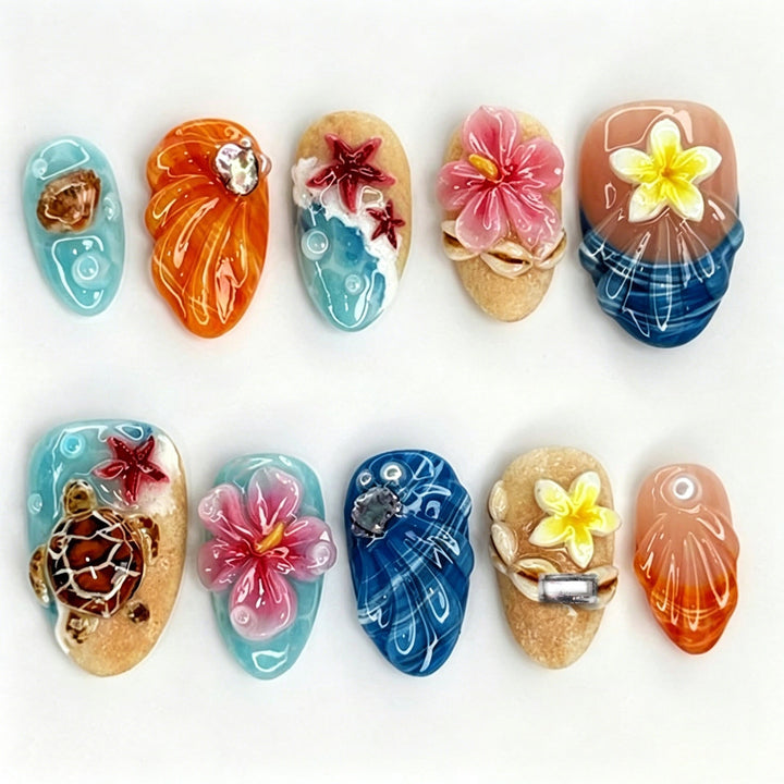 Artificial nail set with maritime motifs and 3D elements Stornfield