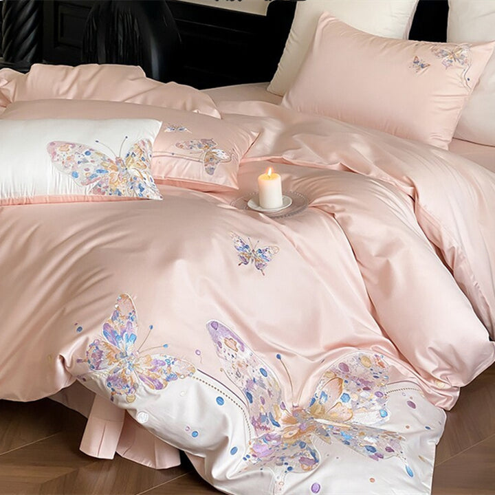 Satin-Feel Butterfly Embroidered Duvet Cover Bedding Set