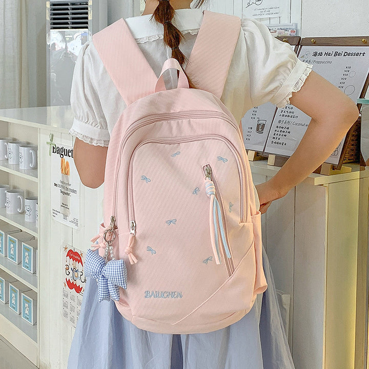 Stylish Embroidered Bow-Accent Casual Backpack Stornfield