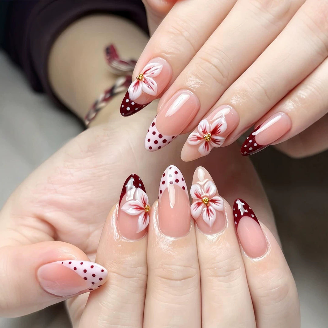 Artistic Floral Stiletto Press-On Nails with Decorative Accents Stornfield